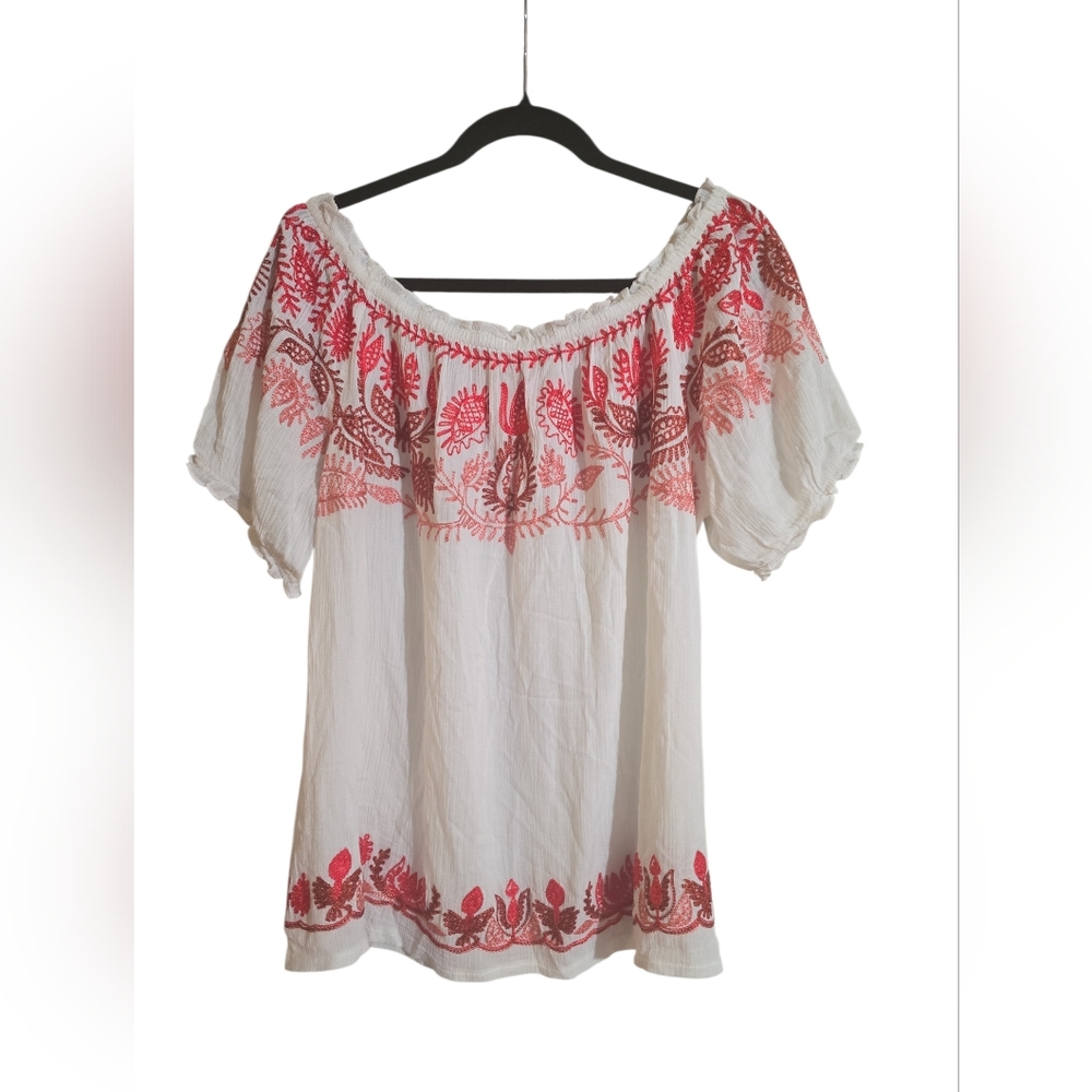 Solitaire White Off-Shoulder Blouse with Red Embroidery
